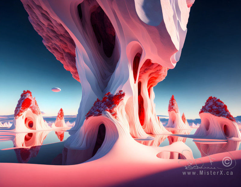 Pink sand with pink rocky formations that have caves. A changing gradient sky and puddles of reflecting water.
