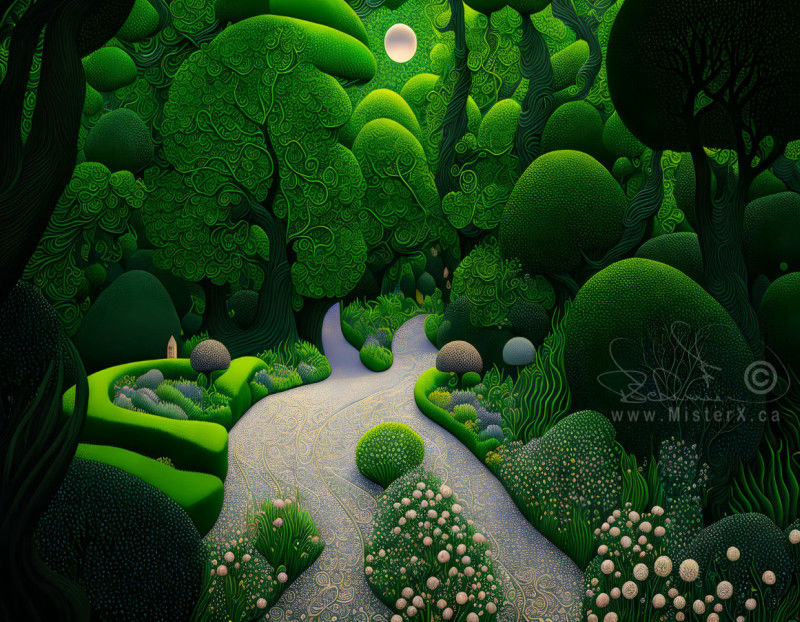 A path leads through a thickly forested garden all lit by the full moon.
