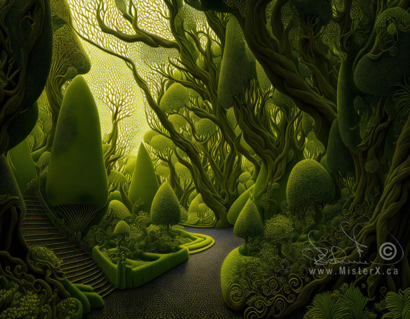 A picture made from shades of green that shows a well pedicured garden with a path and stairs that lead to some unknown location.