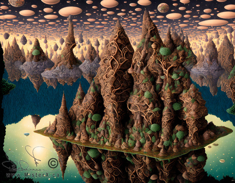 A surreal landscape of odd shapes is refected in what appears to be the sky. It's probably better viewed upside down.