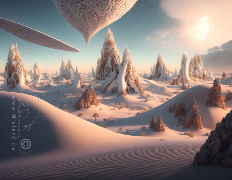 Strange shapes and a phoenix-like object appear in the sky above a sandy alien landscape with odd rocky protrusions.