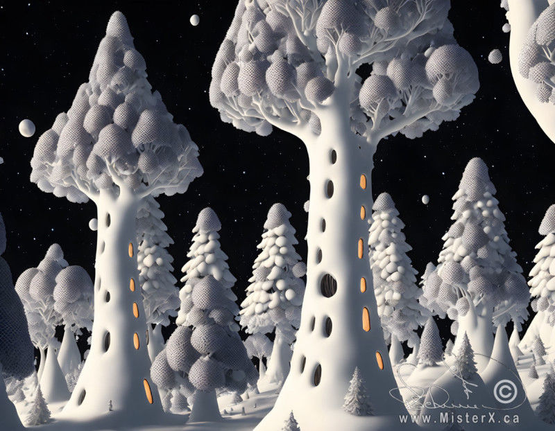 White trees with lit up windows in their trunks seen under a starry night sky.