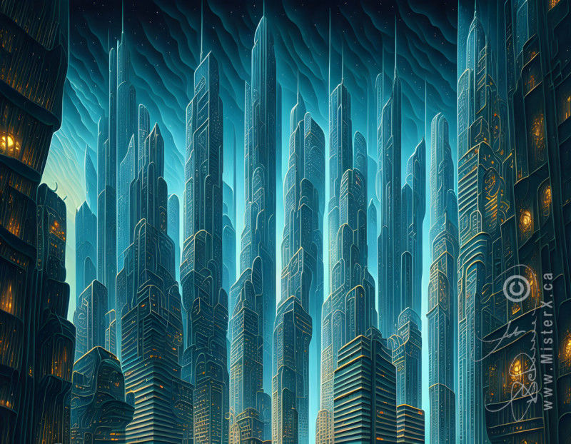 Tall, slim turquoise blue skyscapers crowded together under a turquoise blue sky.