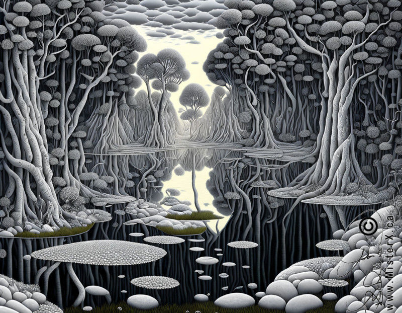 A mostly black and white image of a crowded forest or jungle with mismatched reflections in the water beside it.